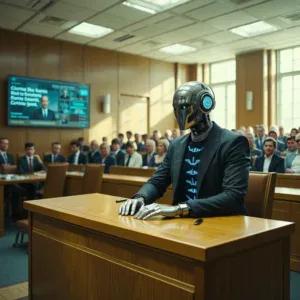 Cyborg futuristico seduto con sicurezza sul banco dei testimoni durante un processo