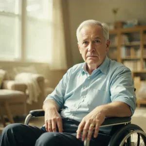 Uomo sessantenne sulla sedia a rotelle con invalidità negata