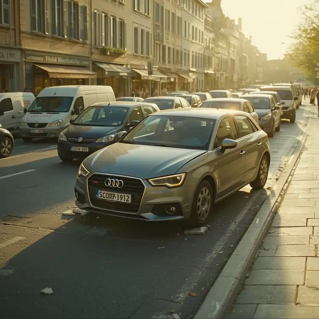 AUDI A1 grigio metallizzato, la cui carrozzeria leggermente ammaccata riflette il sole al tramonto