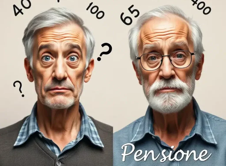 Due uomini, uno di 40 anni e l'altro di 60, con espressioni interrogative, sono circondati da simboli legati al tema della pensione