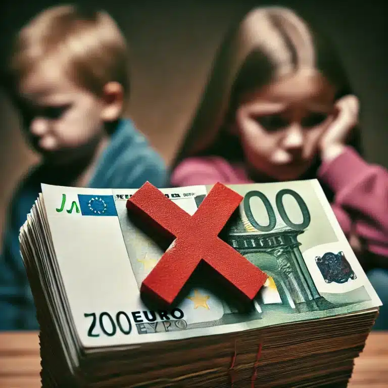 Una mazzetta di banconote Euro sovrastate da una X rossa, accompagnata dai bambini tristi a simboleggiare le conseguenze del mancato pagamento del mantenimento.